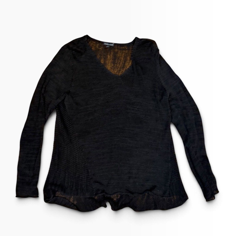 Eileen Fisher XL Black V-Neck Long Sleeve Open Knit Lightweight Sweater Academia